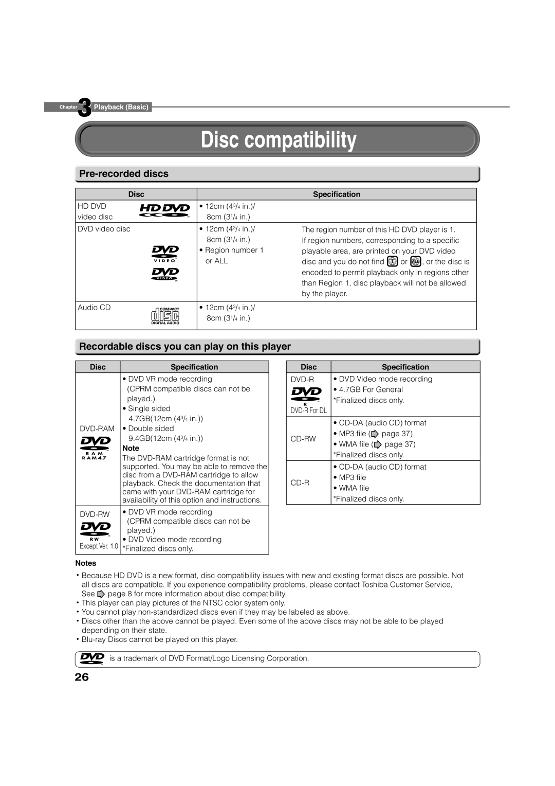 Toshiba HD-D1 Disc compatibility, Pre-recorded discs, Recordable discs you can play on this player, Disc SpeciÞcation 