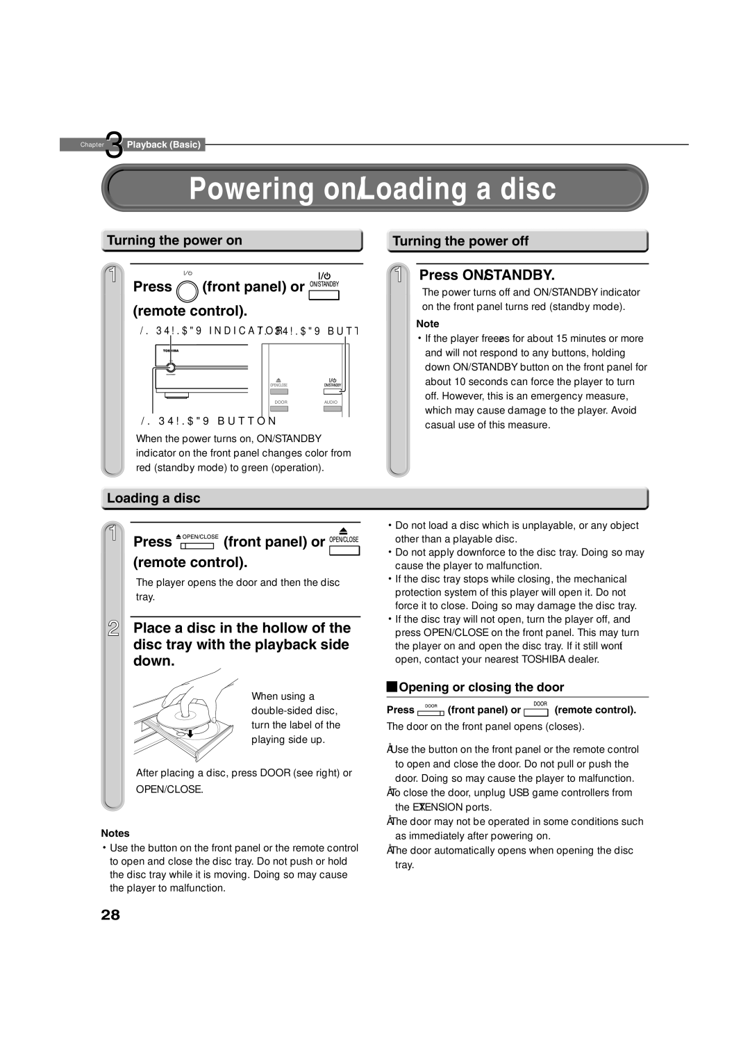 Toshiba HD-D1, HD-A1 owner manual Powering on/Loading a disc, Press Front panel or Remote control, Press ON/STANDBY 