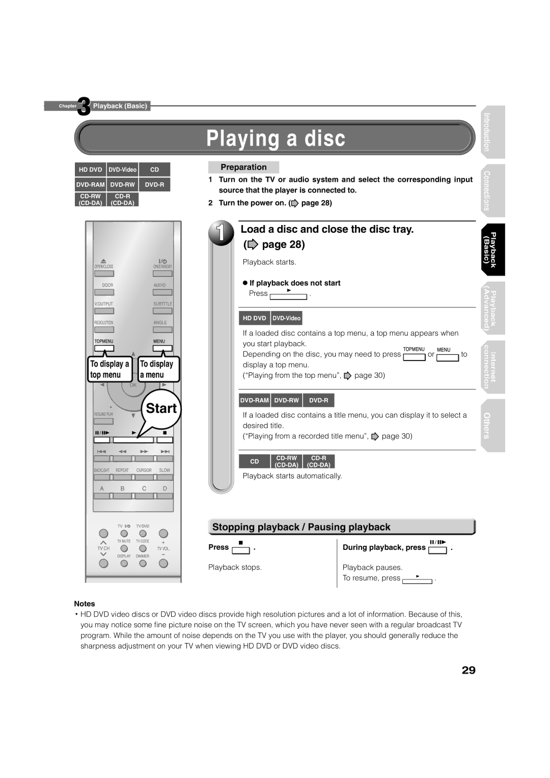 Toshiba HD-A1, HD-D1 owner manual Playing a disc, Load a disc and close the disc tray, Stopping playback / Pausing playback 