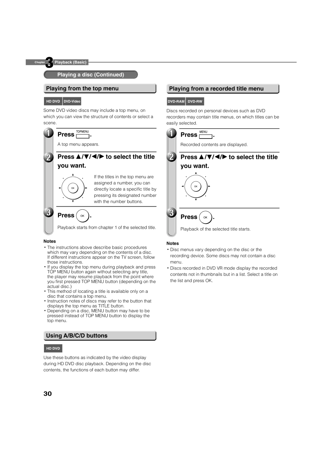 Toshiba HD-D1, HD-A1 owner manual Press / / / to select the title you want, Playing from the top menu, Using A/B/C/D buttons 