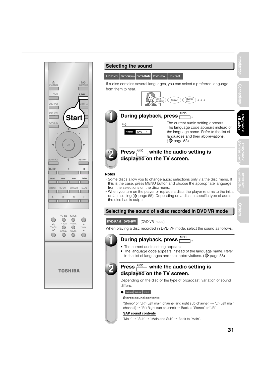 Toshiba HD-A1, HD-D1 owner manual During playback, press, Displayed on the TV screen, Selecting the sound 