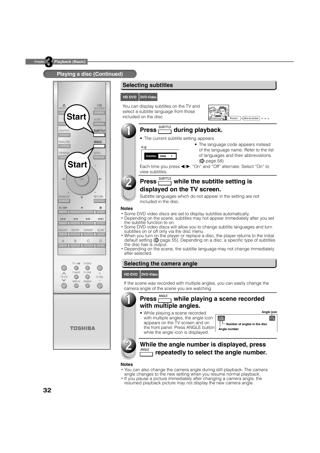 Toshiba HD-D1, HD-A1 Press during playback, Press while playing a scene recorded with multiple angles, Selecting subtitles 