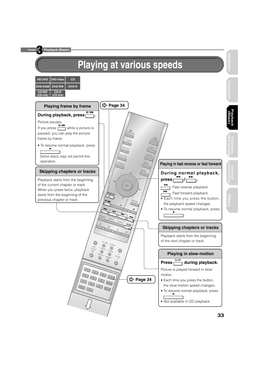 Toshiba HD-A1, HD-D1 owner manual Playing at various speeds, Playing in fast reverse or fast forward 