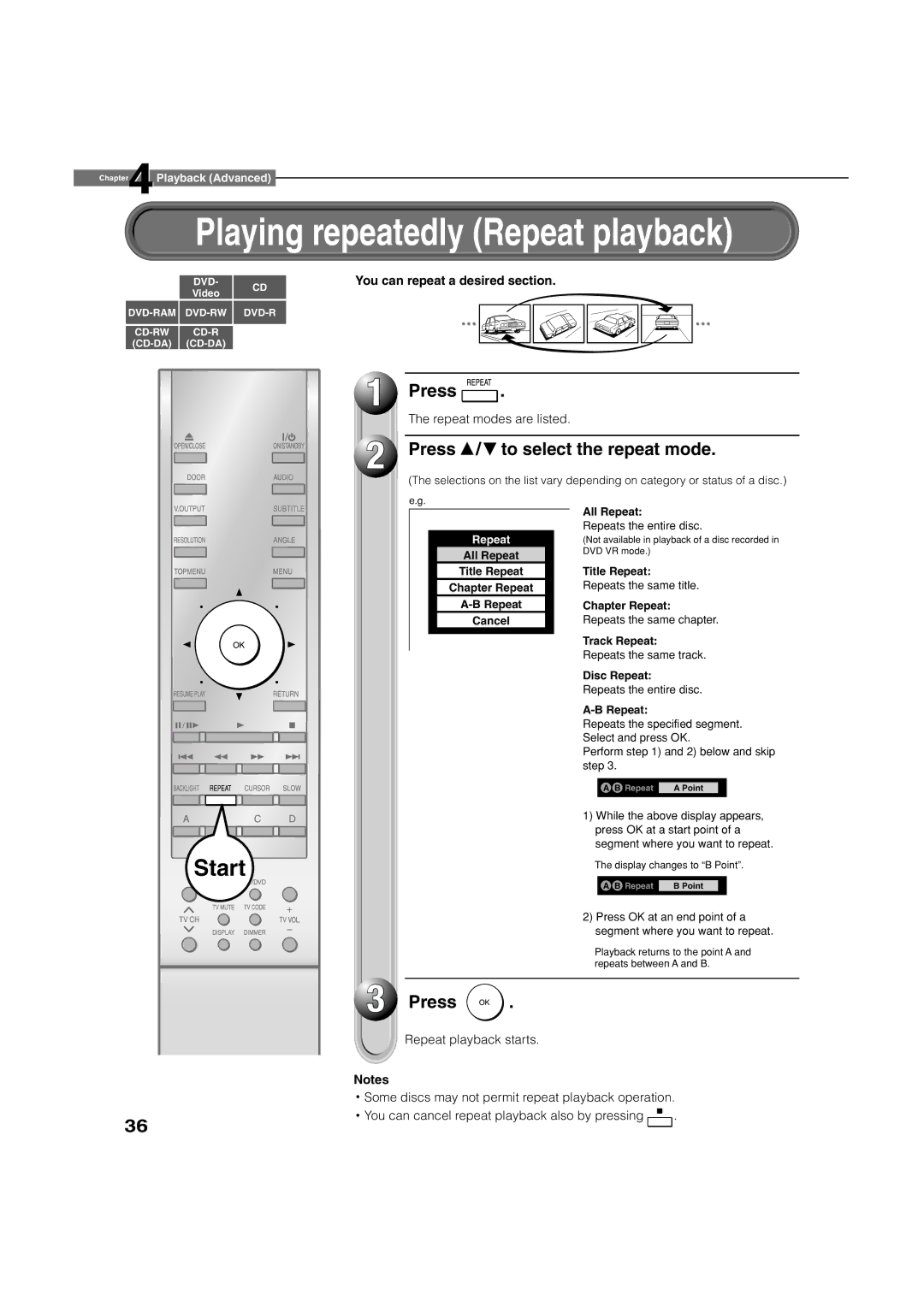 Toshiba HD-D1, HD-A1 owner manual Press / to select the repeat mode, You can repeat a desired section 