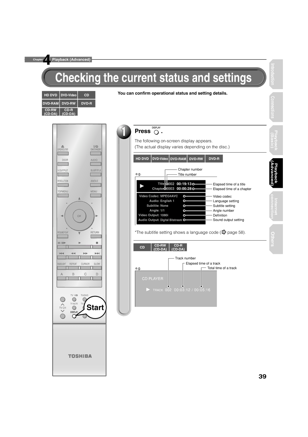 Toshiba HD-A1, HD-D1 owner manual Checking the current status and settings 