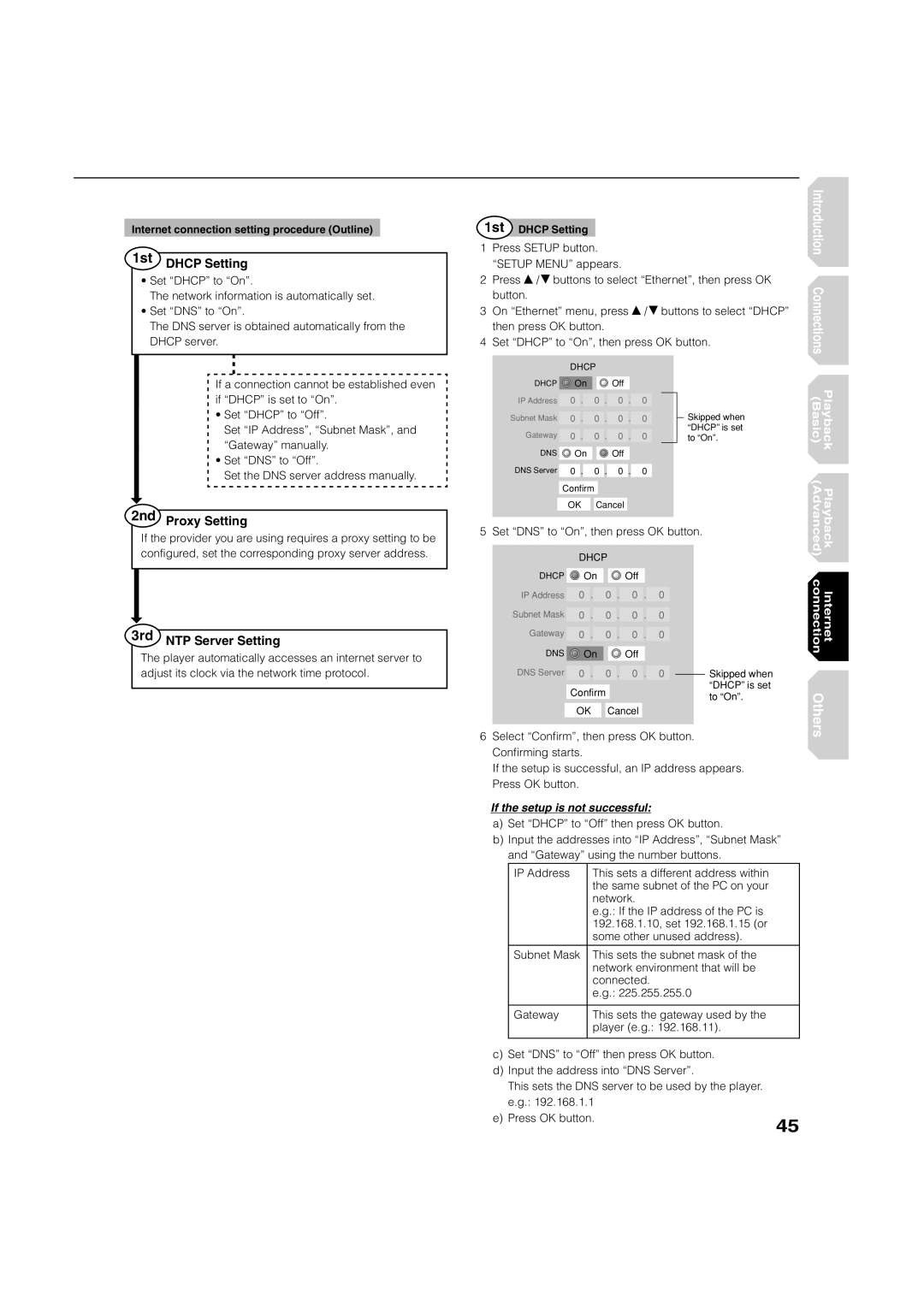 Toshiba HD-A1, HD-D1 owner manual 1st Dhcp Setting, 2nd Proxy Setting, 3rd NTP Server Setting 