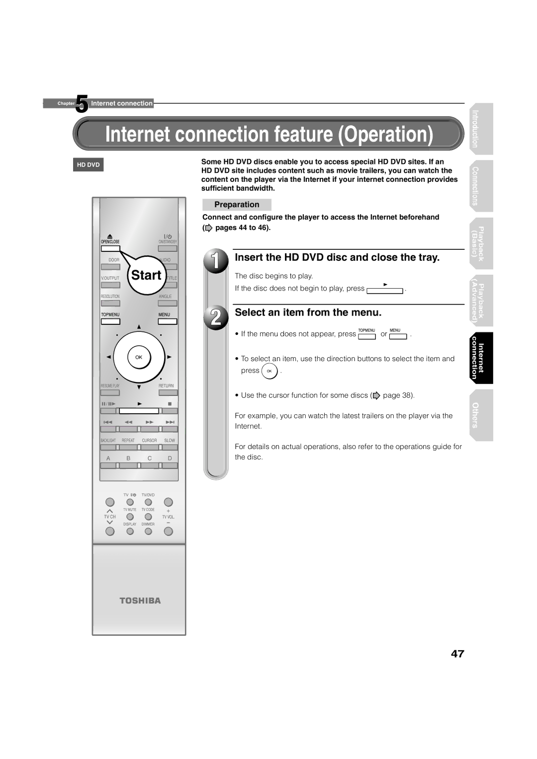 Toshiba HD-A1, HD-D1 owner manual Select an item from the menu, SufÞcient bandwidth, Pages 44 to 