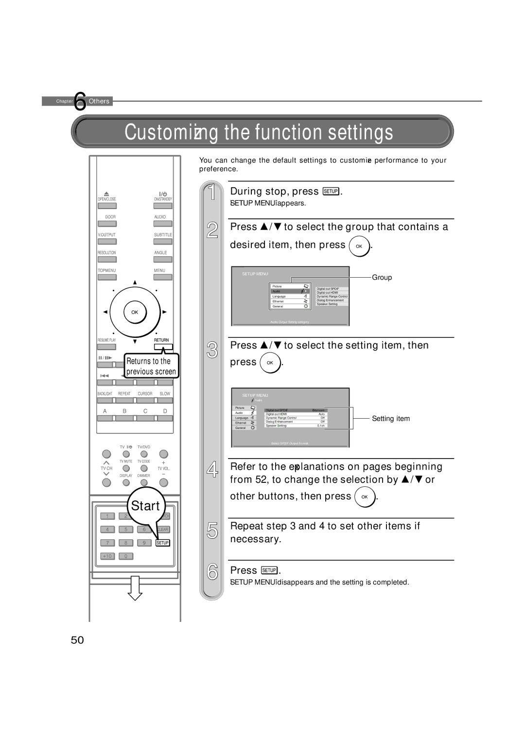 Toshiba HD-D1 Customizing the function settings, During stop, press, Press / to select the setting item, then, Returns to 