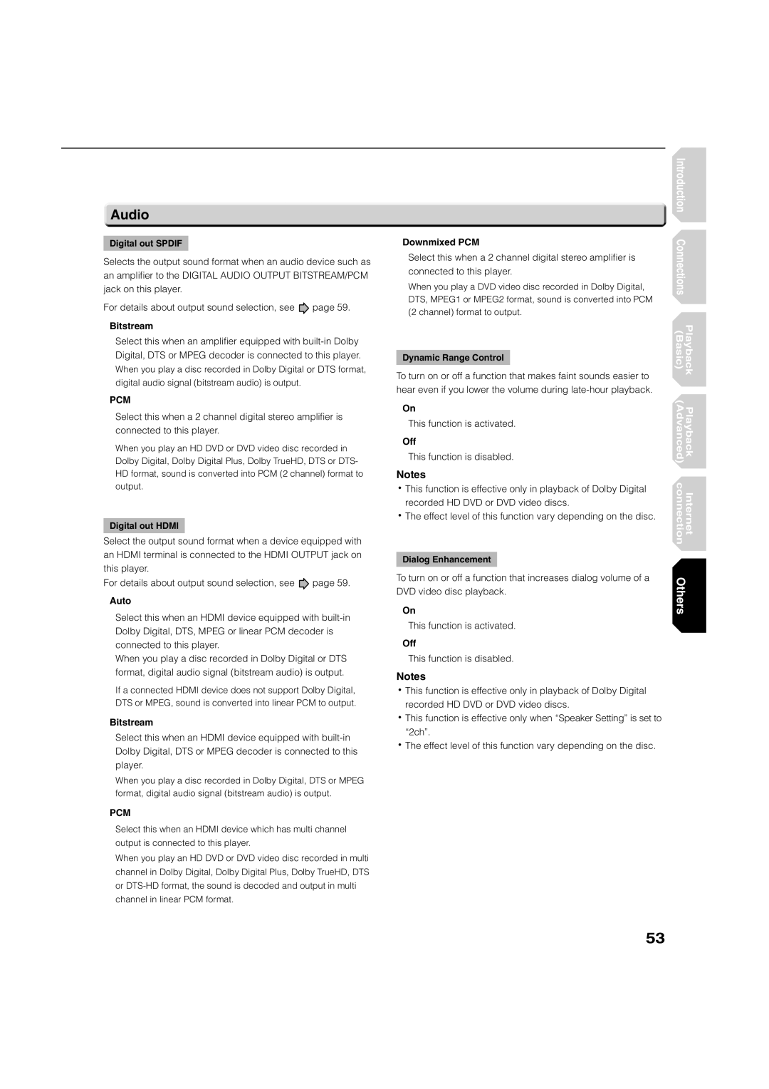 Toshiba HD-A1, HD-D1 owner manual Audio, Bitstream, Downmixed PCM 