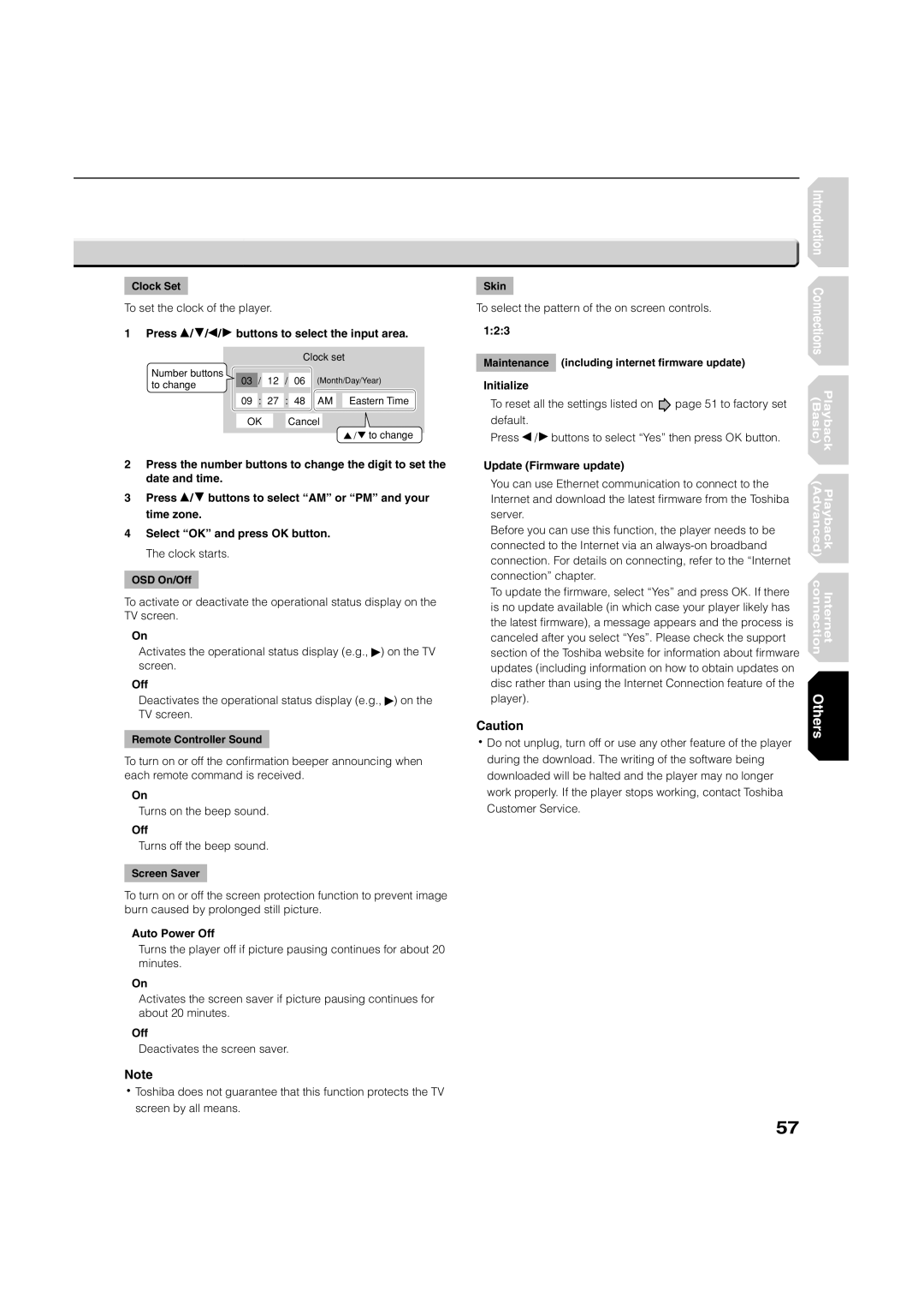 Toshiba HD-A1, HD-D1 Press Buttons to select the input area, Auto Power Off, 123, Initialize, Update Firmware update 