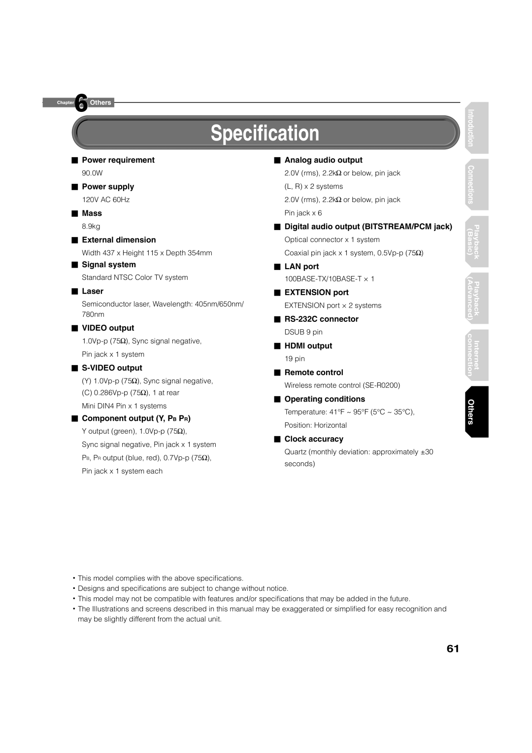 Toshiba HD-A1, HD-D1 owner manual SpeciÞcation, Component output Y, PB PR 