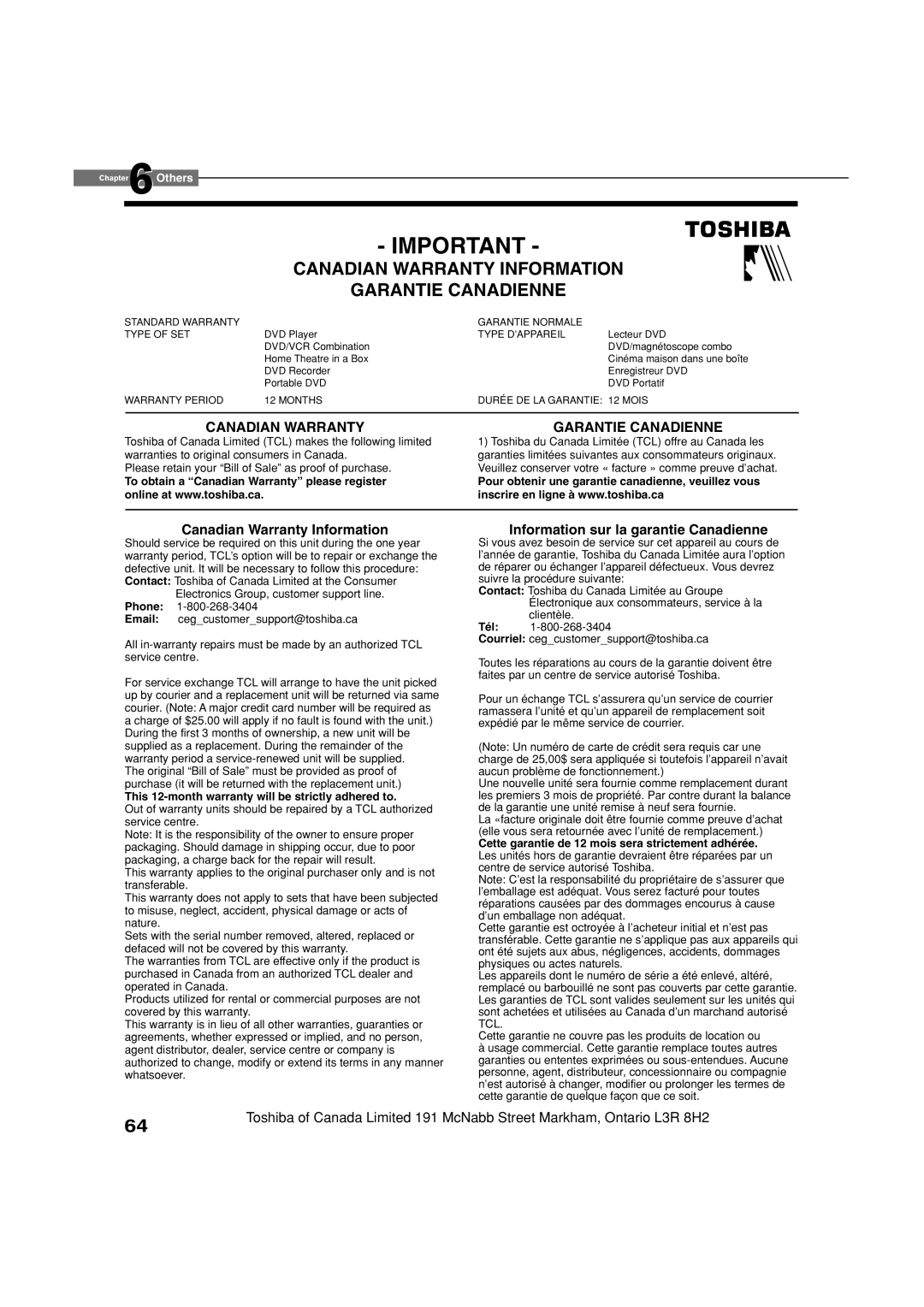 Toshiba HD-D1, HD-A1 Canadian Warranty Information Garantie Canadienne, This 12-month warranty will be strictly adhered to 