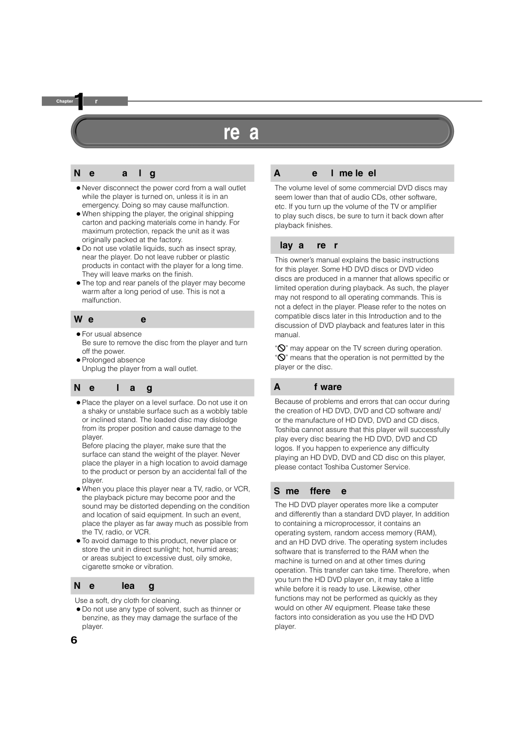 Toshiba HD-D1, HD-A1 owner manual Precautions 