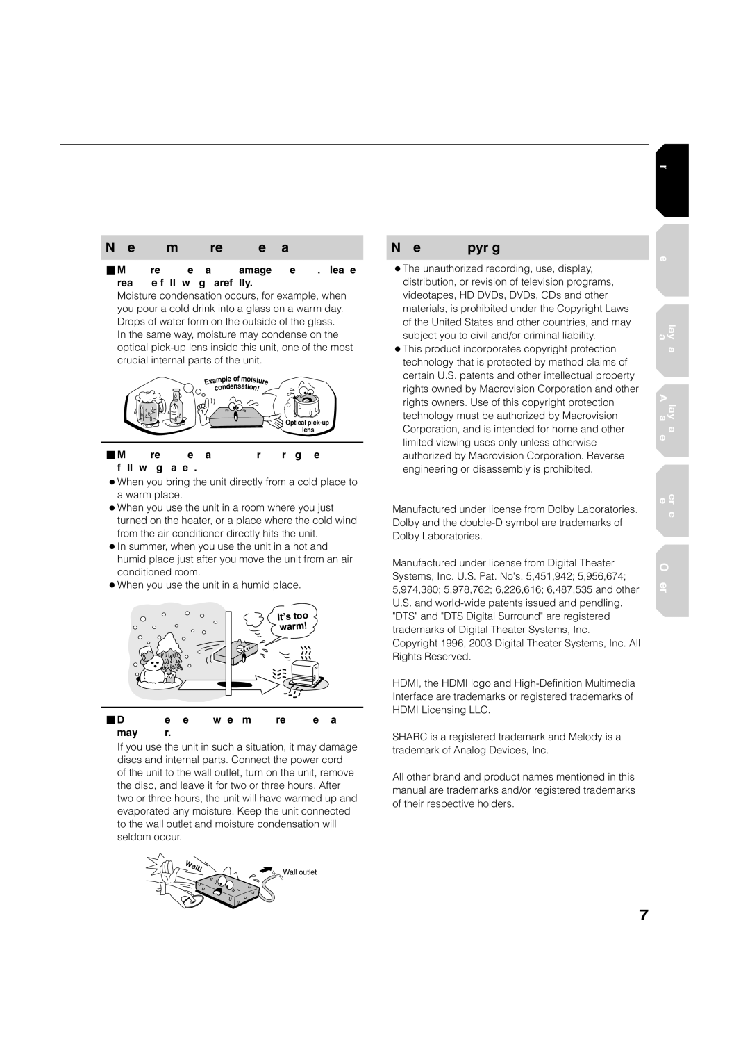 Toshiba HD-A1, HD-D1 owner manual Moisture condensation occurs during the following cases 