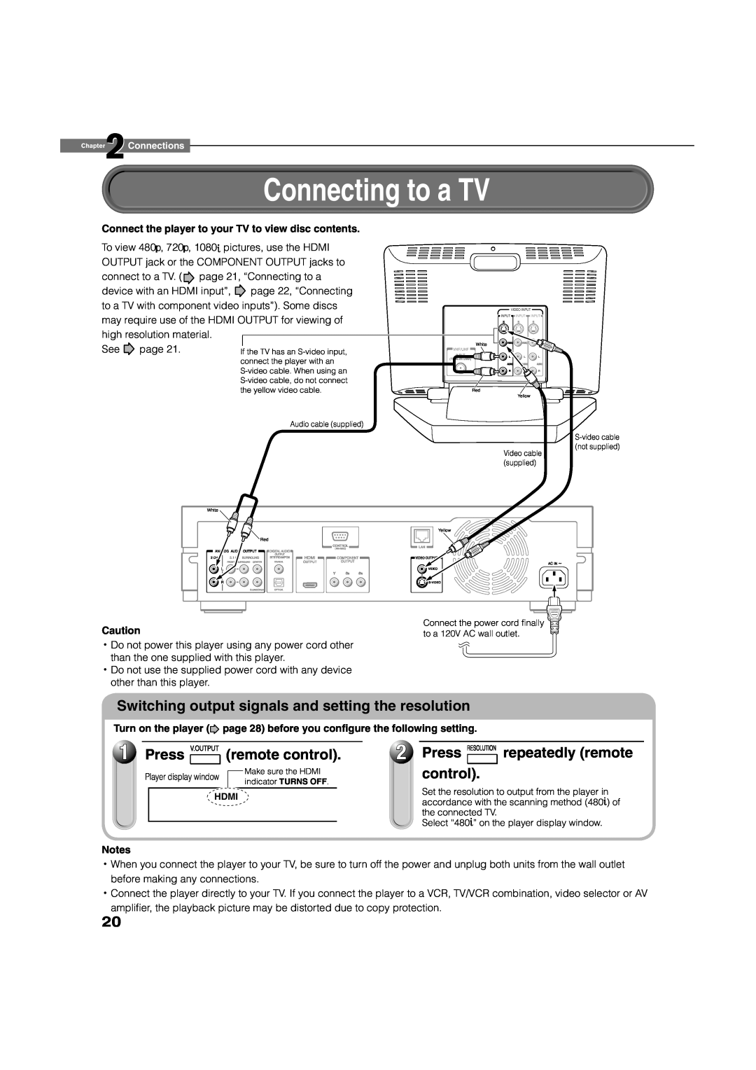 Toshiba HD-D1, HD-A1 Connecting to a TV, Switching output signals and setting the resolution, Press, remote control 