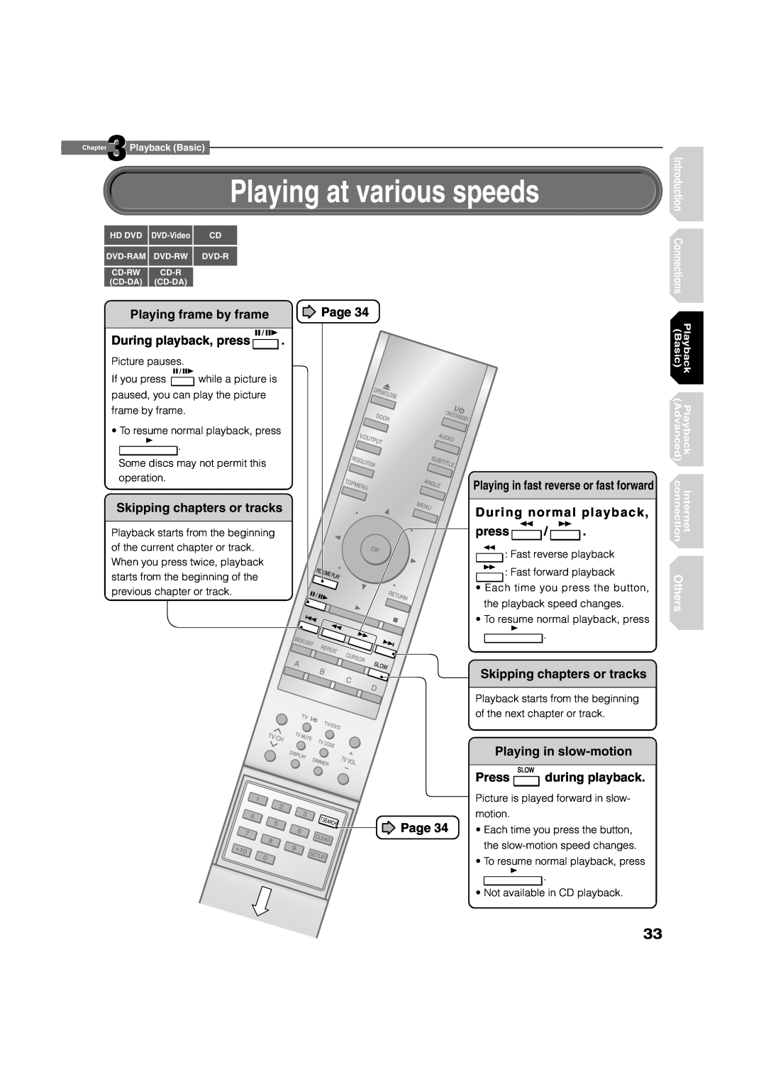 Toshiba HD-A1 Playing at various speeds, Playing frame by frame, Page, During playback, press, Skipping chapters or tracks 