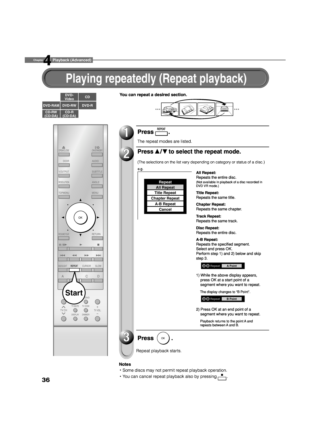 Toshiba HD-D1, HD-A1 Press / to select the repeat mode, Playing repeatedly Repeat playback, Start, Playback Advanced 