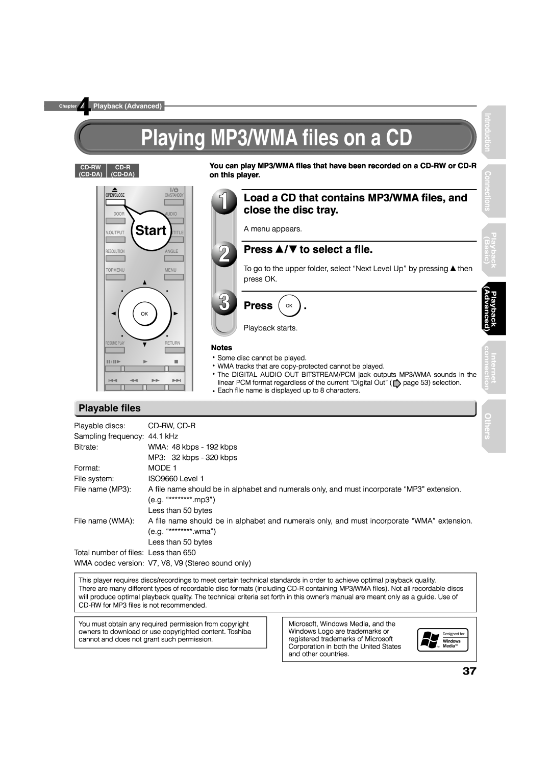 Toshiba HD-A1 Playing MP3/WMA Þles on a CD, Start, Load a CD that contains MP3/WMA Þles, and, close the disc tray, Press 