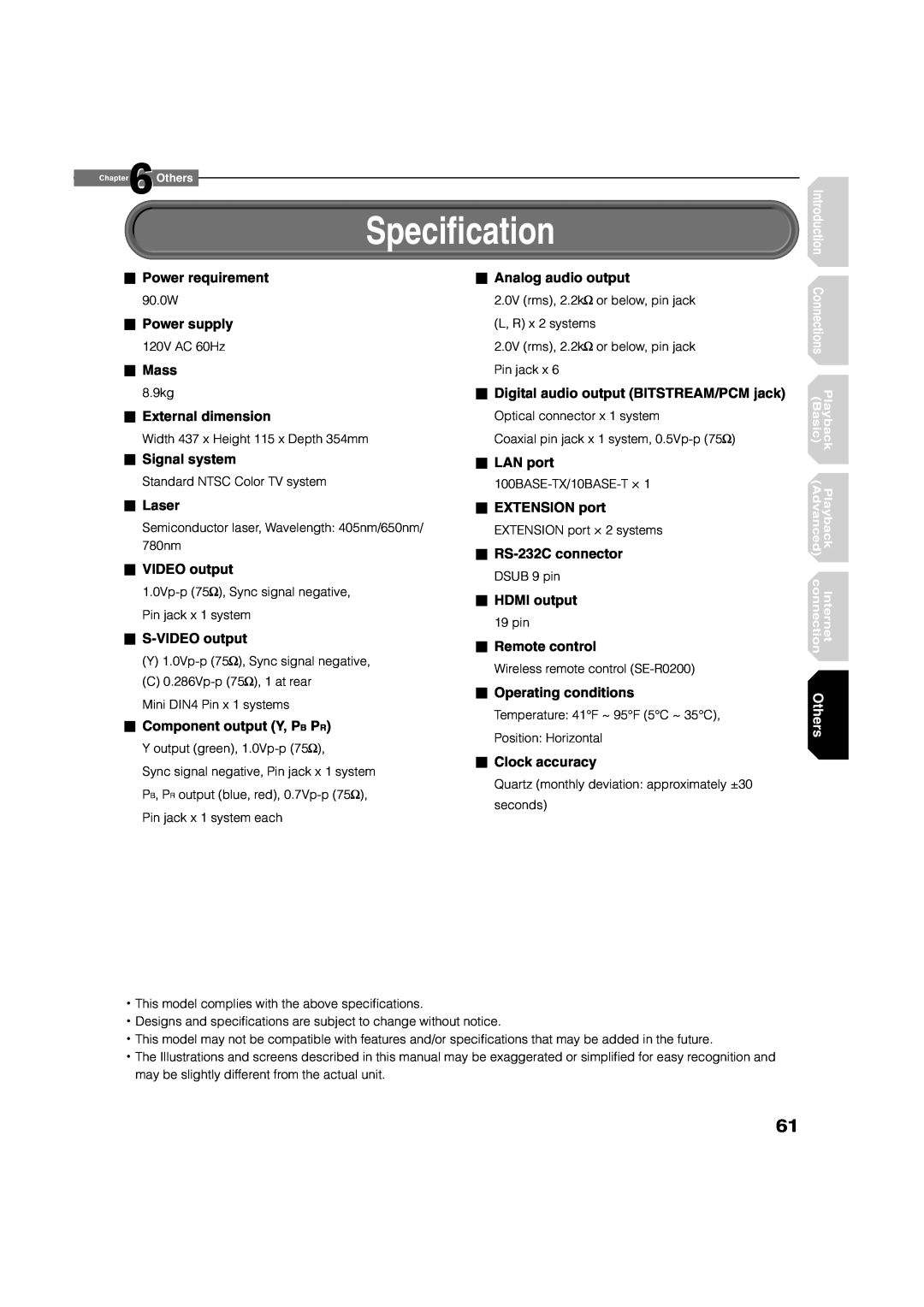 Toshiba HD-A1, HD-D1 owner manual SpeciÞcation, Basic, Playback, Others 