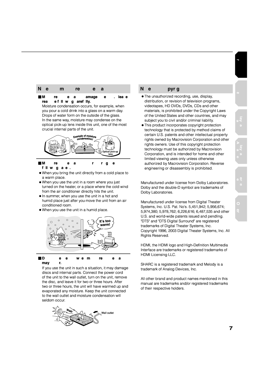 Toshiba HD-A1 Notes on moisture condensation, Notes on copyright, Basic, Playback, Internet, Others, Advanced, connection 