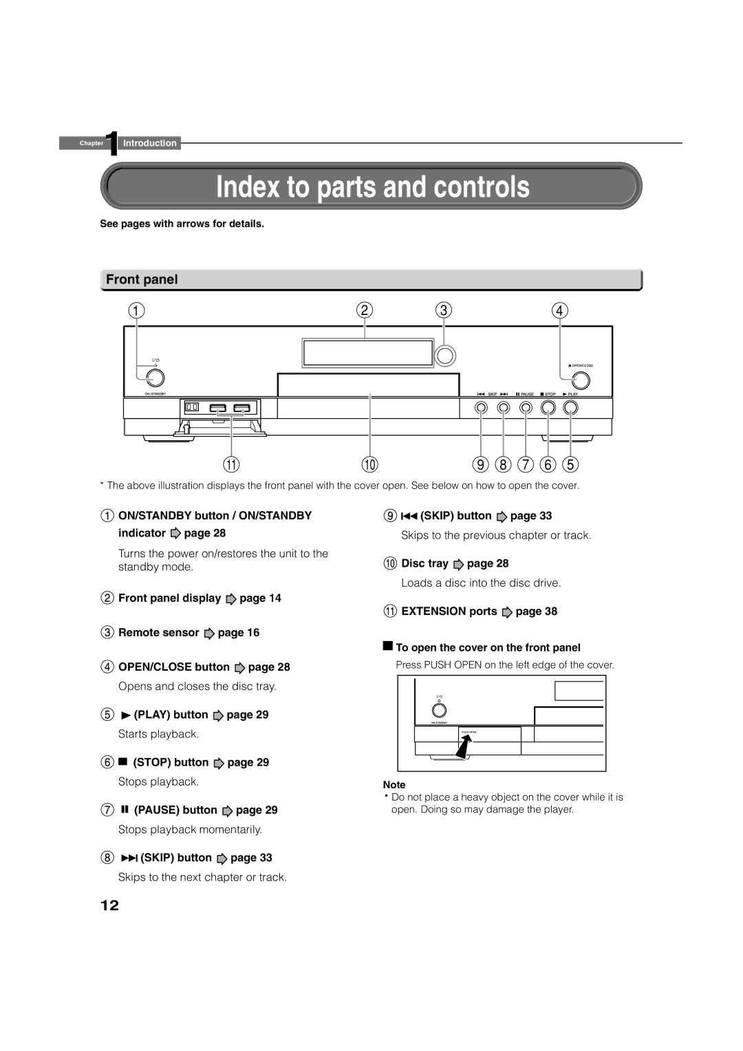 Toshiba HD-A1 owner manual Index to parts and controls, Front panel, See pages with arrows for details 