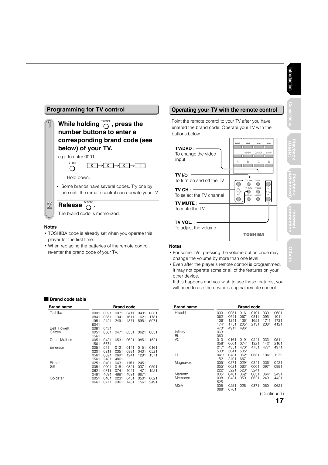 Toshiba HD-A1 owner manual While holding, Release, Programming for TV control, Operating your TV with the remote control 