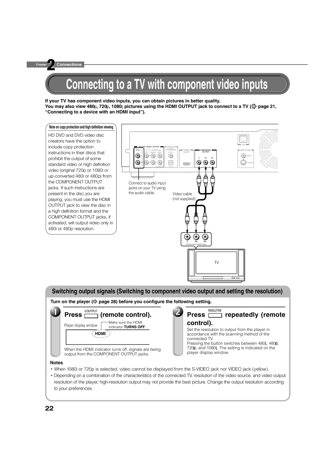 Toshiba HD-A1 owner manual Connecting to a TV with component video inputs 