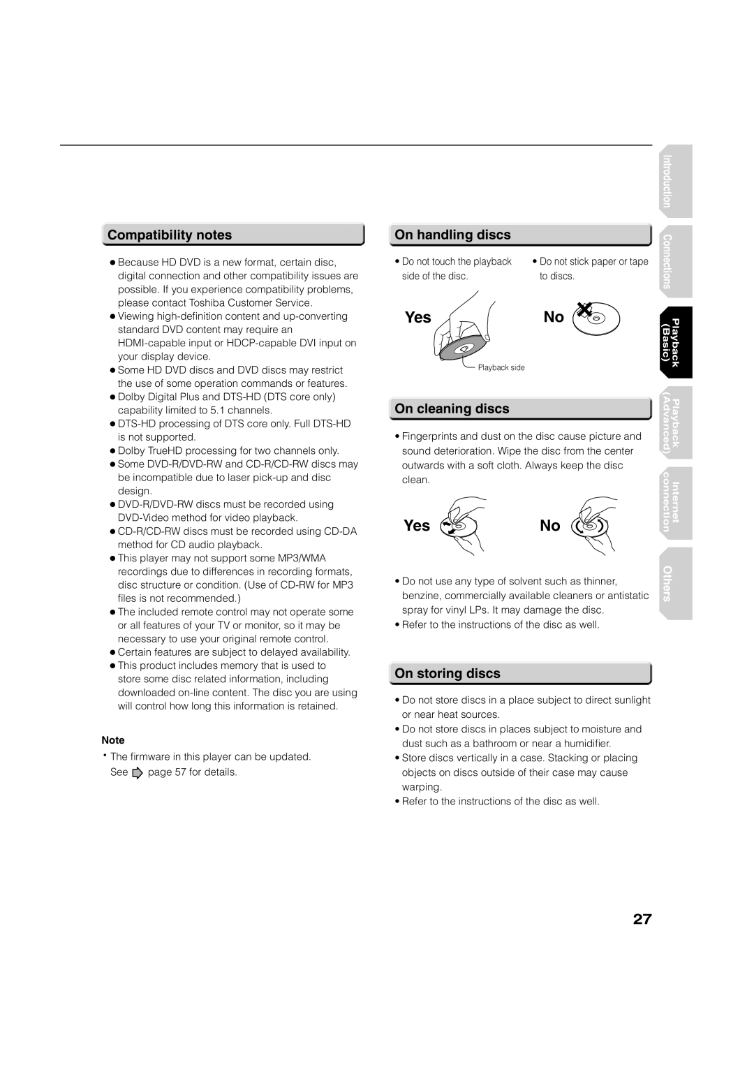 Toshiba HD-A1 owner manual On handling discs, On cleaning discs, On storing discs 