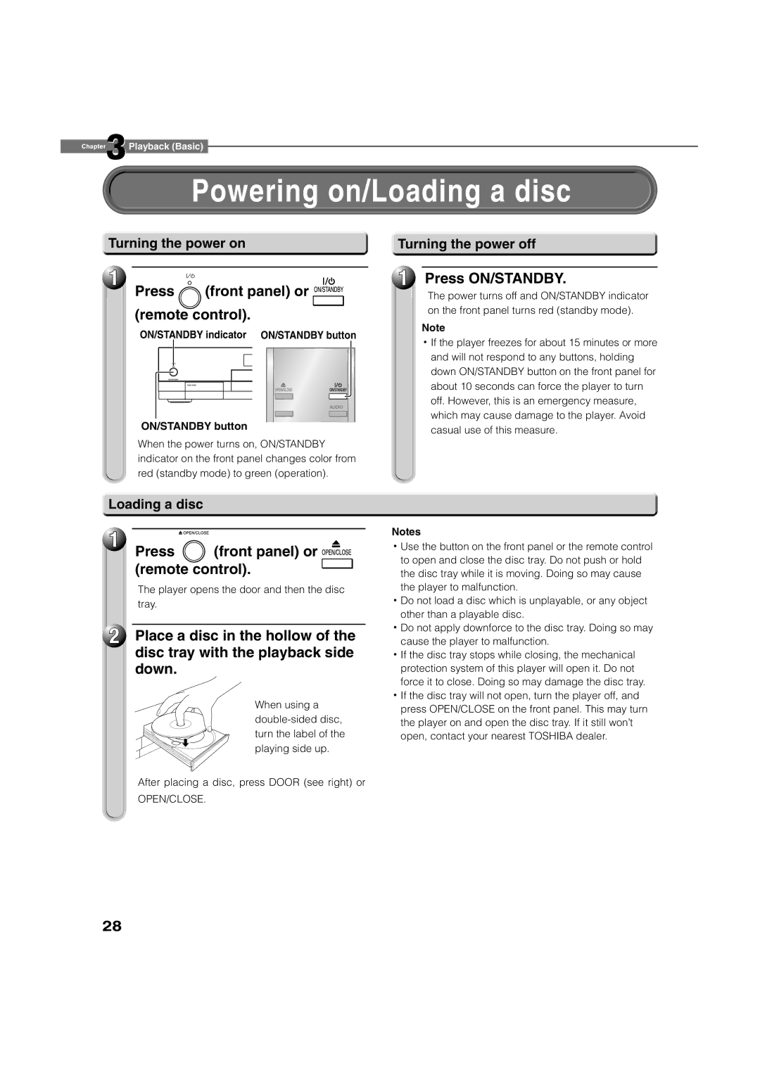 Toshiba HD-A1 owner manual Powering on/Loading a disc, Press Front panel or Remote control, Press ON/STANDBY, Down 