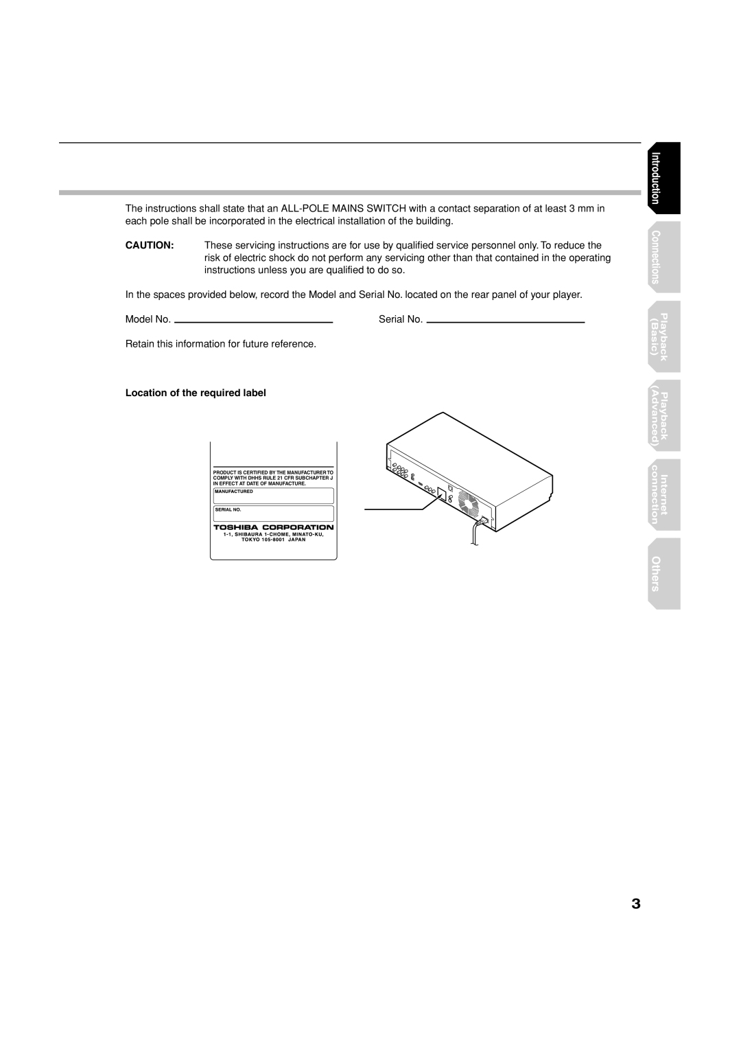 Toshiba HD-A1 owner manual Location of the required label 