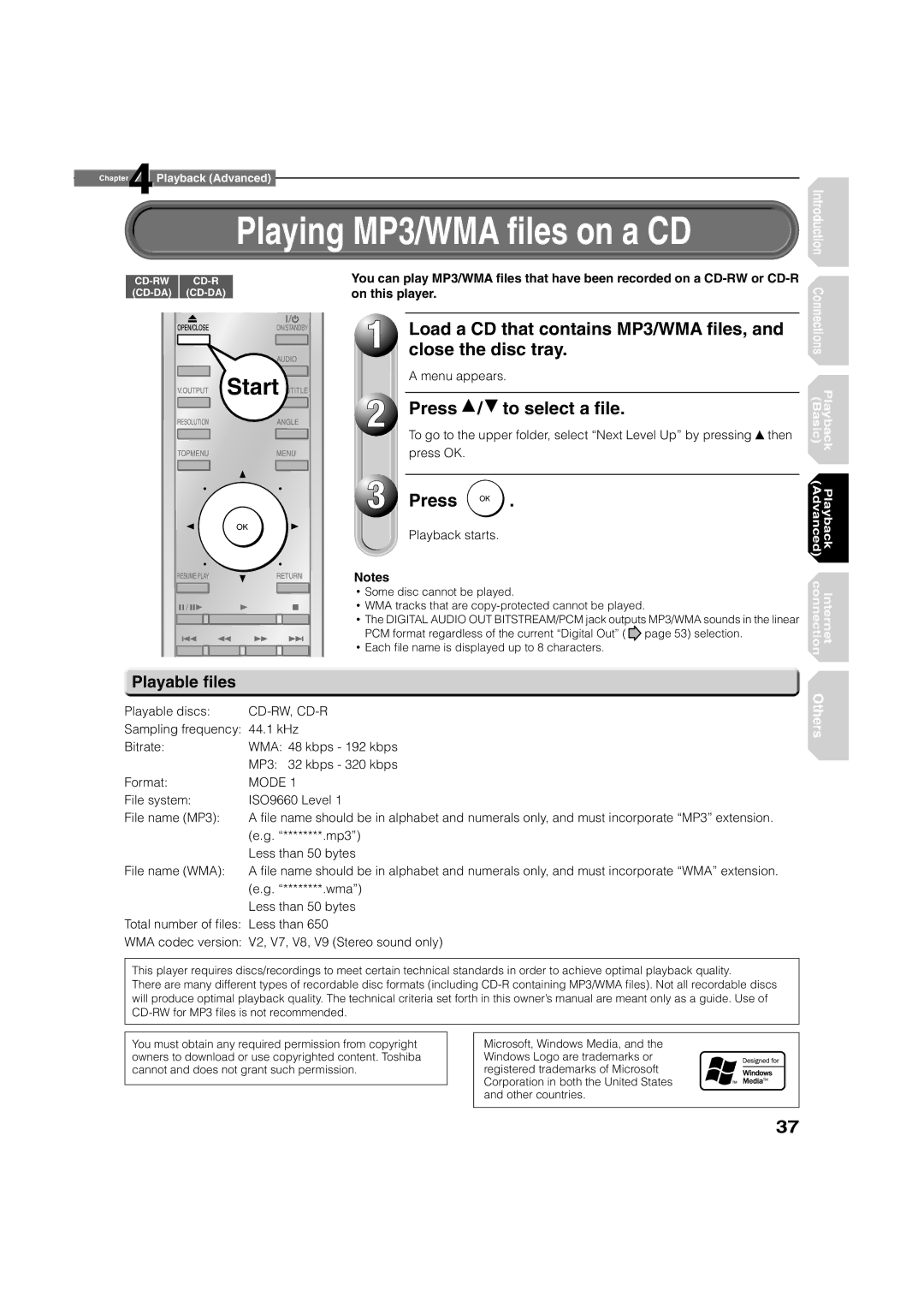 Toshiba HD-A1 owner manual Playing MP3/WMA ﬁles on a CD, Press / to select a ﬁle, Playable ﬁles 