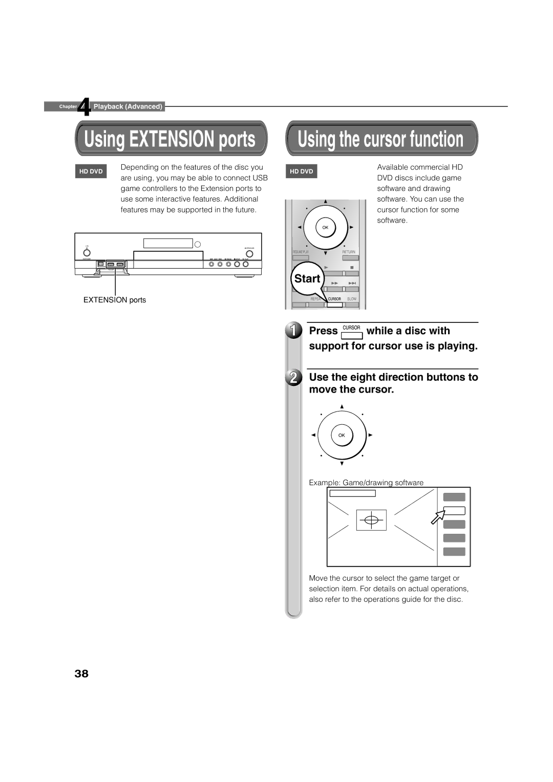 Toshiba HD-A1 owner manual Using Extension ports Using the cursor function 