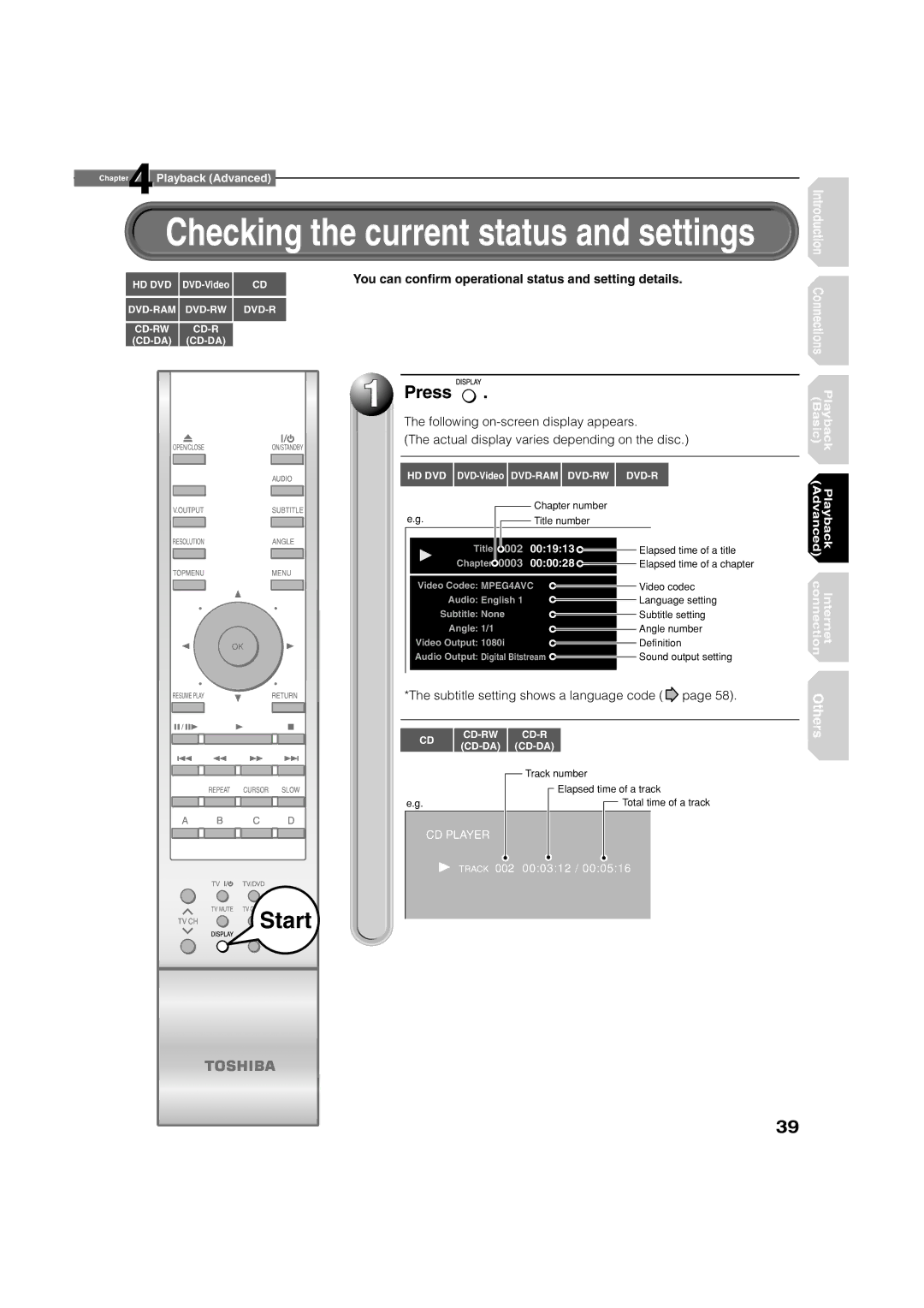 Toshiba HD-A1 owner manual Checking the current status and settings 