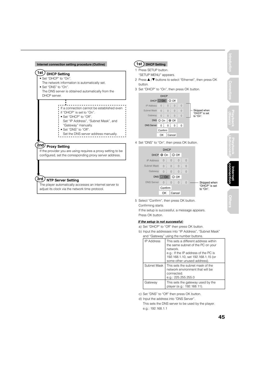 Toshiba HD-A1 owner manual 1st Dhcp Setting, 2nd Proxy Setting, 3rd NTP Server Setting 