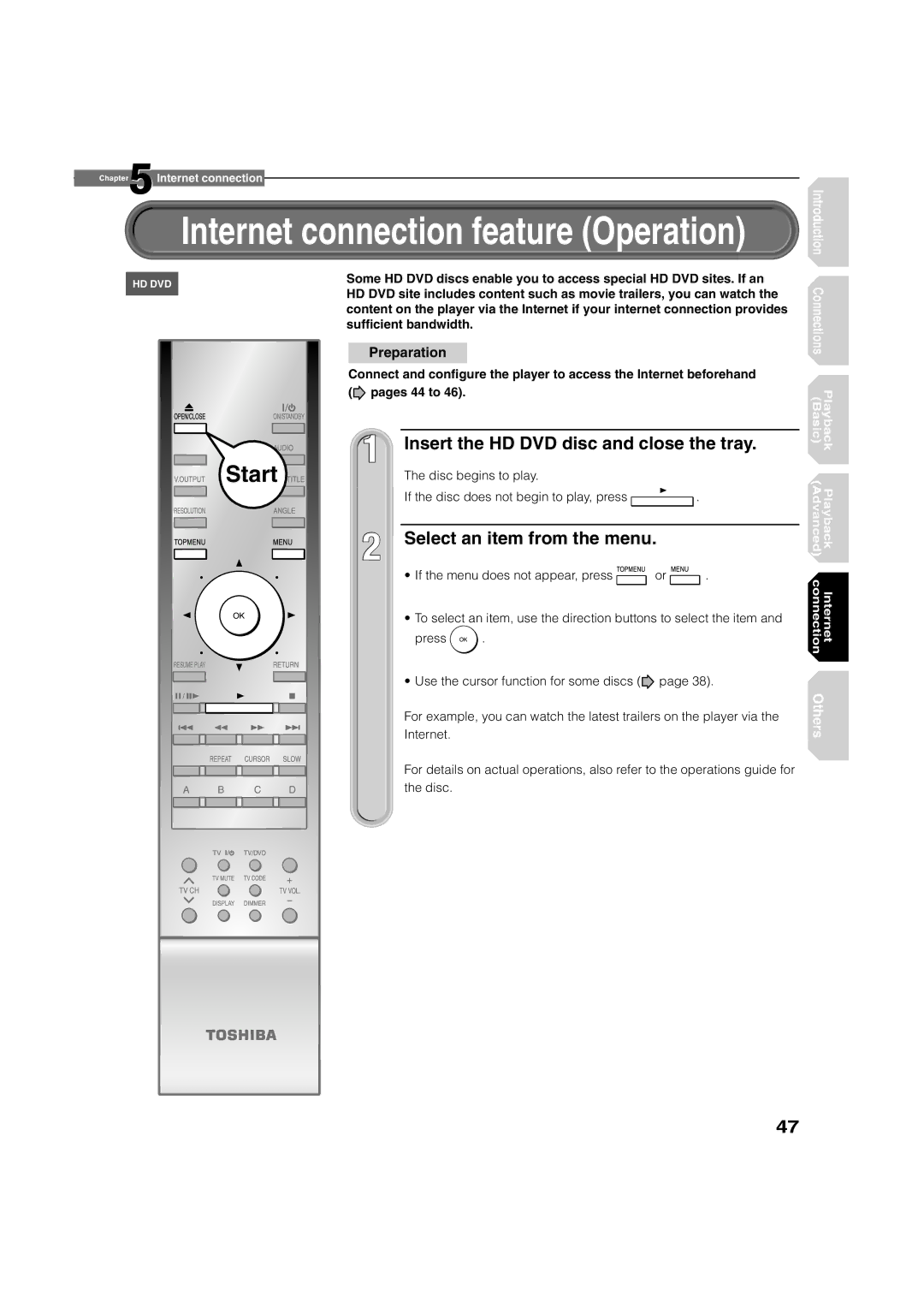 Toshiba HD-A1 owner manual Select an item from the menu, Sufﬁcient bandwidth, Pages 44 to 