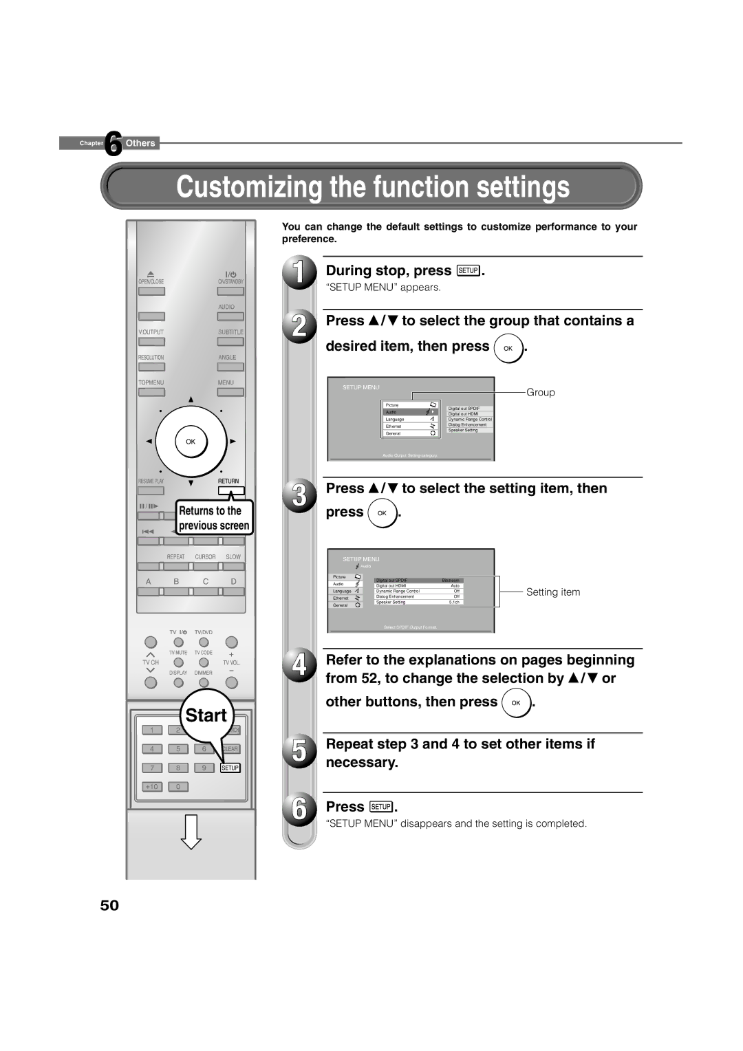 Toshiba HD-A1 Customizing the function settings, During stop, press, Press / to select the setting item, then, Returns to 