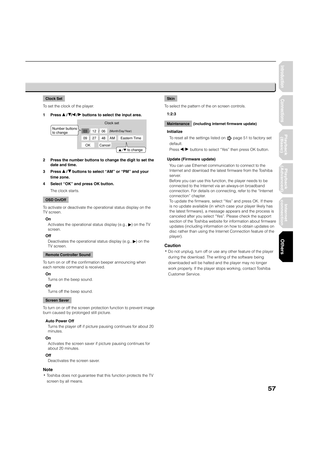 Toshiba HD-A1 Press / / / buttons to select the input area, Auto Power Off, 123, Initialize, Update Firmware update 