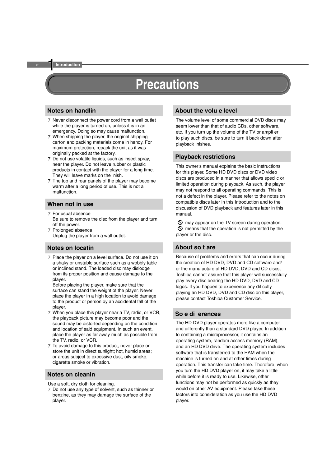 Toshiba HD-A1 owner manual Precautions 