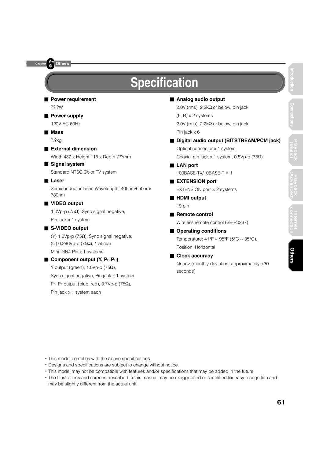 Toshiba HD-A1 owner manual Speciﬁcation, Component output Y, PB PR 