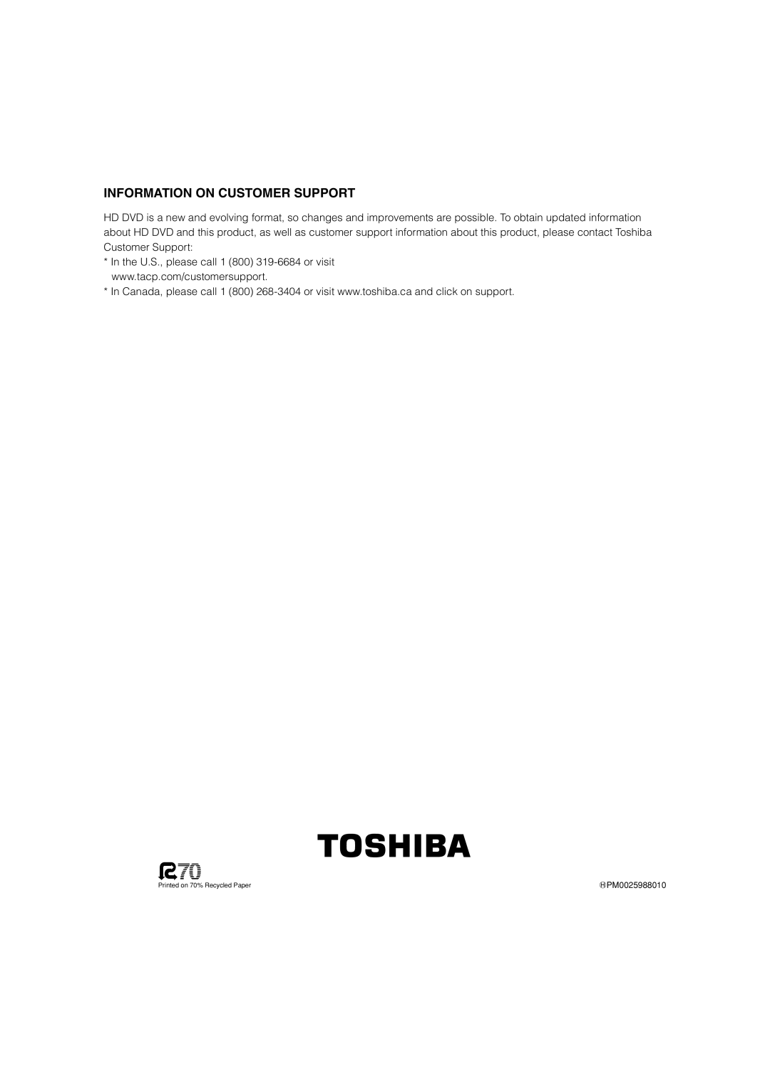 Toshiba HD-A1 owner manual Information on Customer Support 