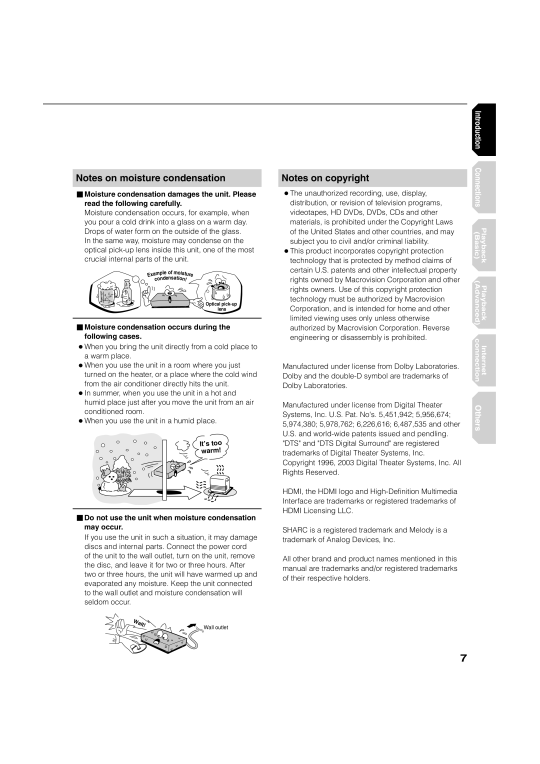 Toshiba HD-A1 owner manual Moisture condensation occurs during the following cases 