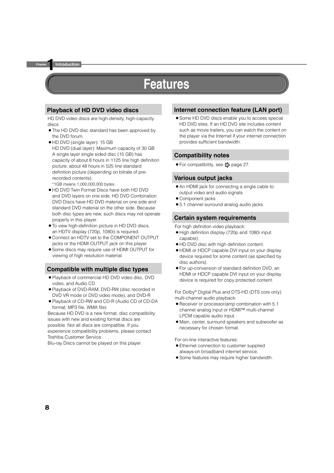 Toshiba HD-A1 owner manual Features 