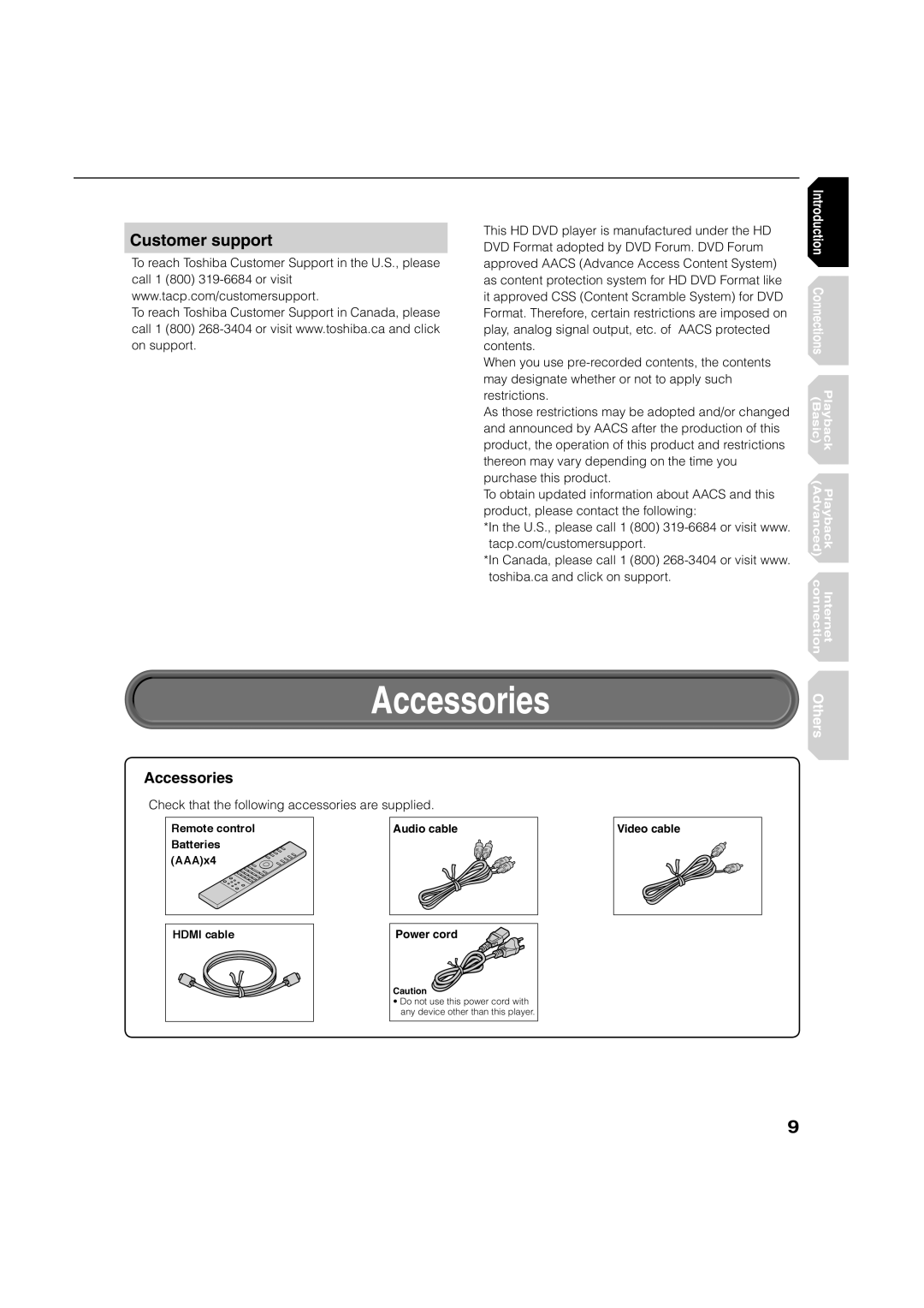 Toshiba HD-A1 owner manual Accessories, Customer support, Remote control, Batteries AAAx4 Hdmi cable, Video cable 