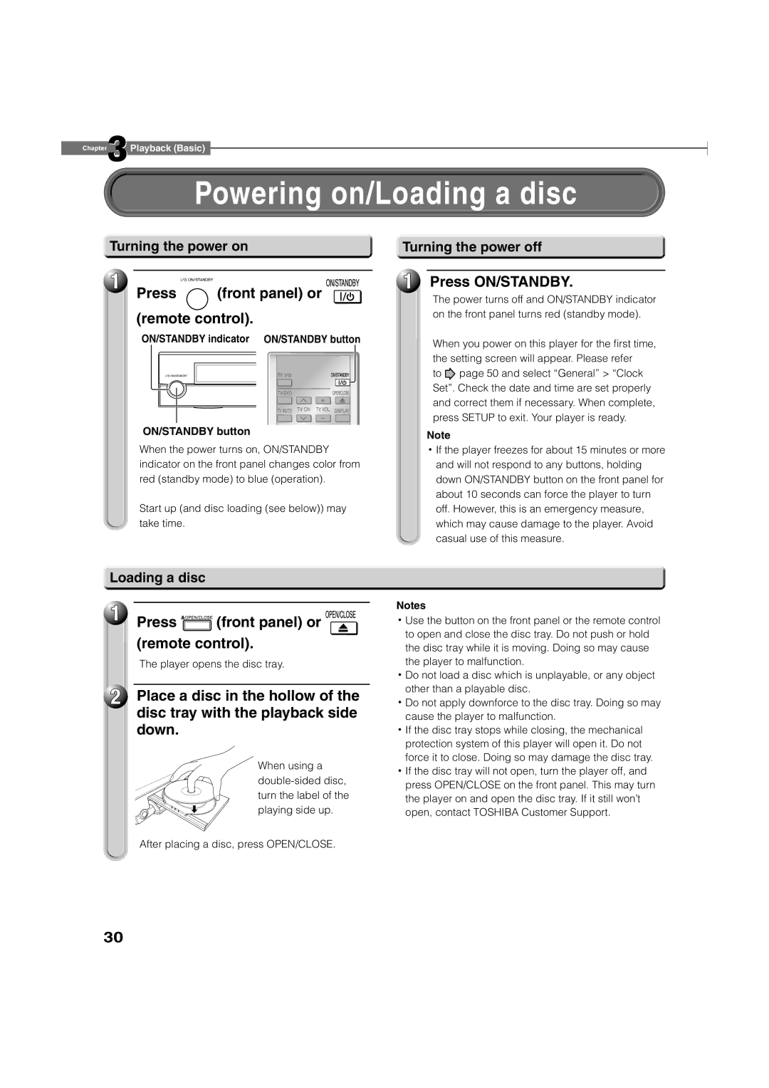 Toshiba HD-A2KC manual Powering on/Loading a disc, Press front panel or remote control, Press ON/STANDBY, Down 
