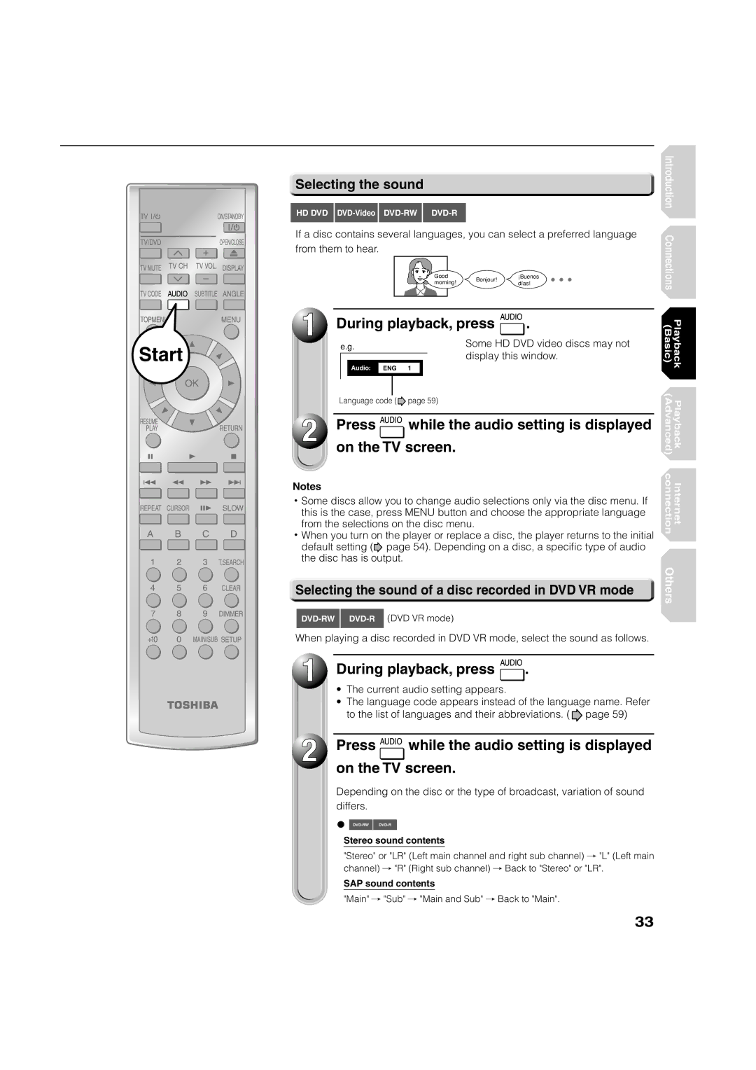 Toshiba HD-A2KC During playback, press, Press while the audio setting is displayed On the TV screen, Selecting the sound 