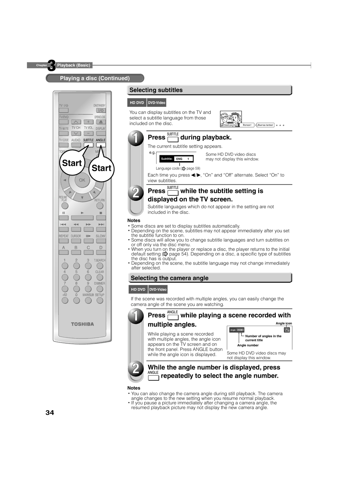 Toshiba HD-A2KC Press during playback, Press while playing a scene recorded with Multiple angles, Selecting subtitles 