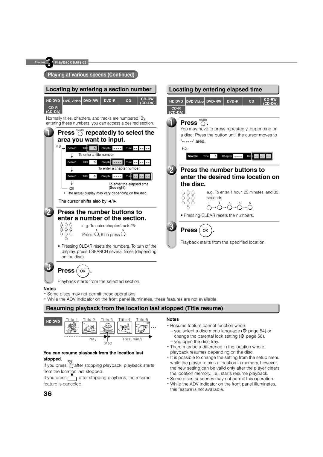 Toshiba HD-A2KC manual Press repeatedly to select the area you want to input, Locating by entering a section number 