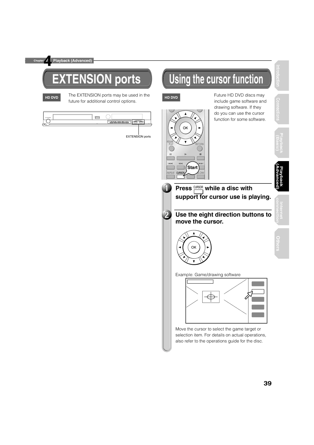 Toshiba HD-A2KC manual Extension ports, Press While a disc with Support for cursor use is playing, Move the cursor 