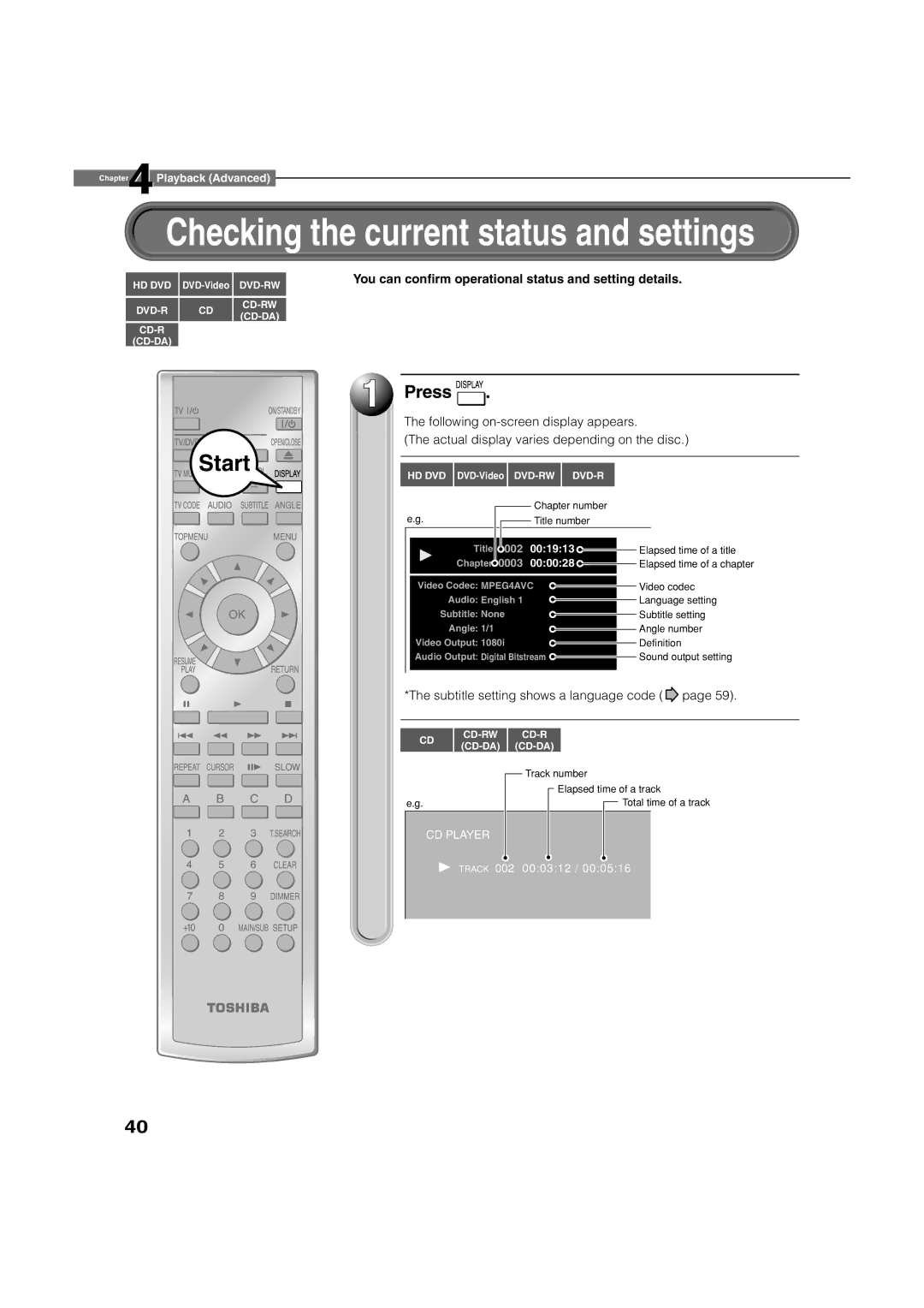 Toshiba HD-A2KC manual Checking the current status and settings, You can conﬁrm operational status and setting details 