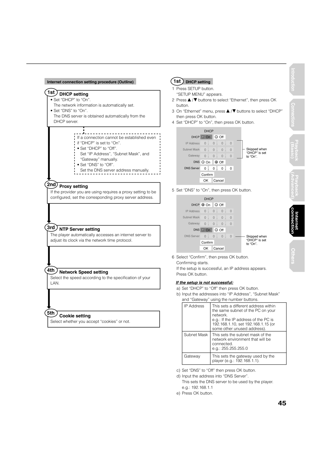 Toshiba HD-A2KC 1st Dhcp setting, 2nd Proxy setting, 3rd NTP Server setting, 4th Network Speed setting, Cookie setting 